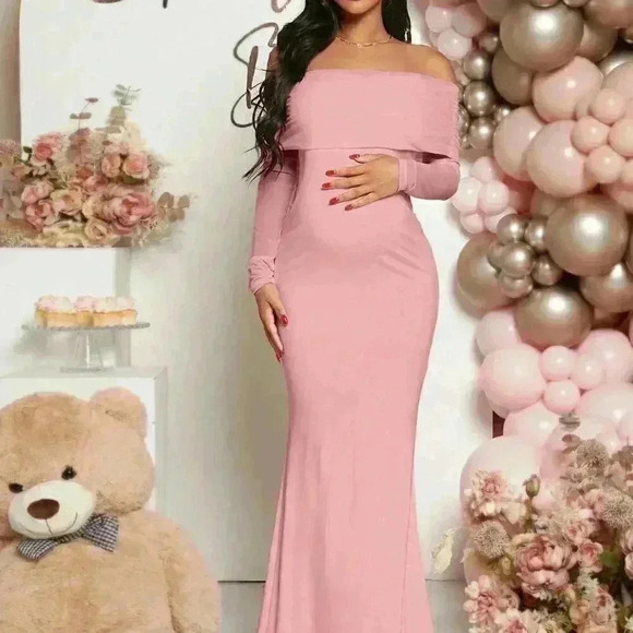 Pink Elegant Women's Maternity Off Shoulder Foldover Dress - Picture 4 of 7